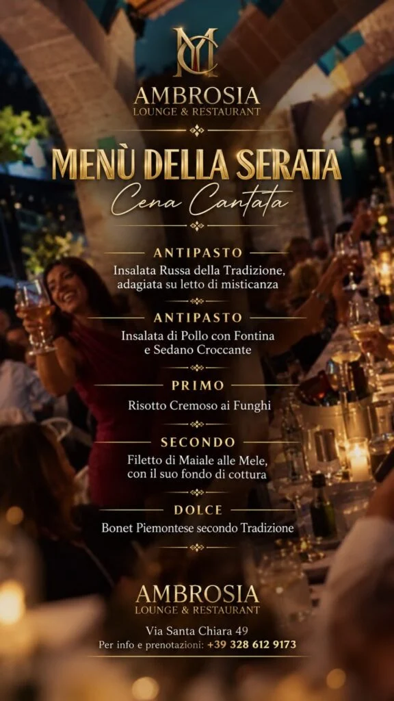 Ambrosia: menu della cena cantata con antipasti, risotto ai funghi, filetto di maiale e bonet.