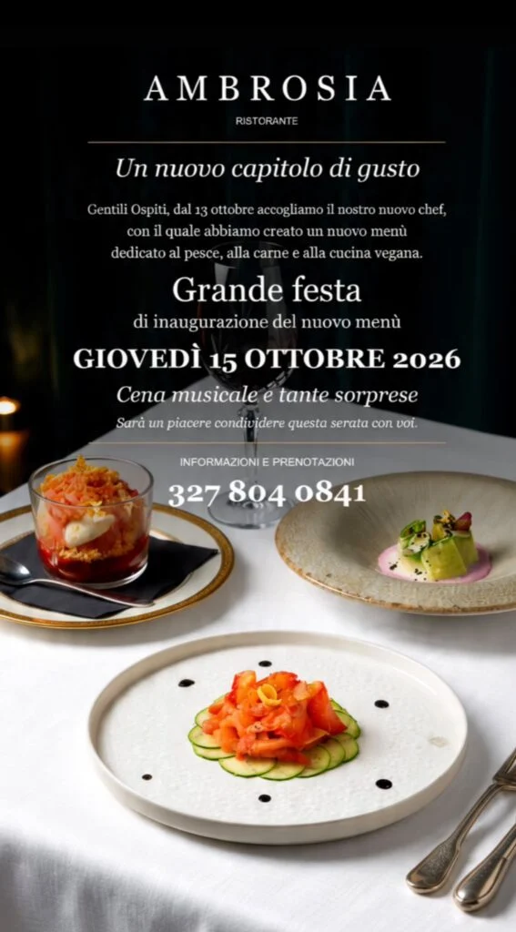 Ambrosia: inaugurazione del nuovo menu il 15 ottobre 2026, cena musicale e prenotazioni.