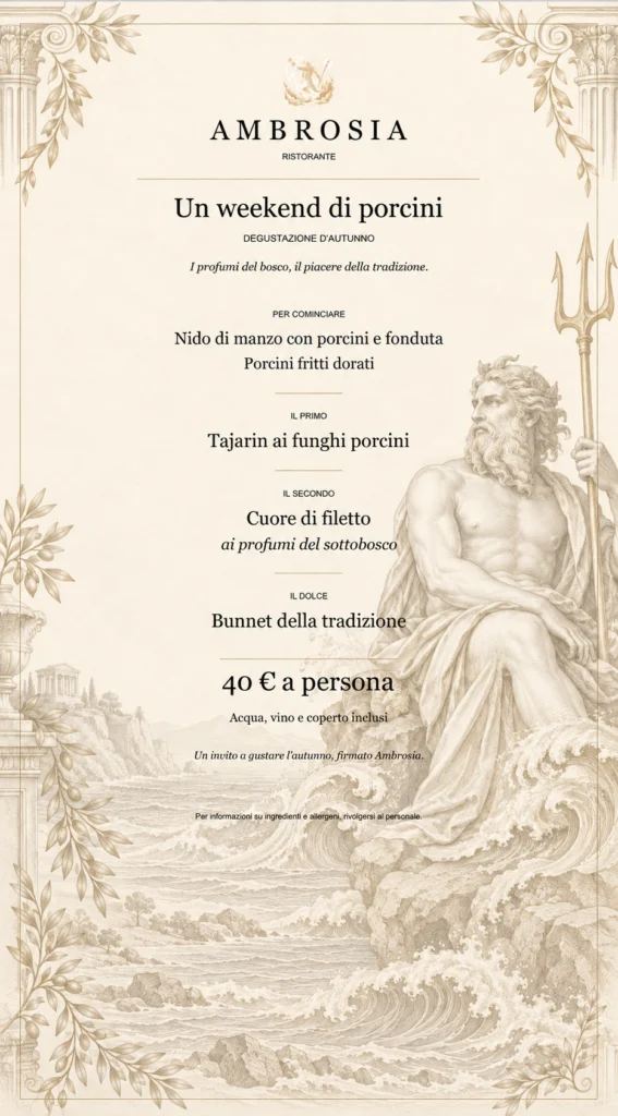 Menù degustazione autunnale ai porcini: 40 euro a persona, acqua, vino e coperto inclusi.